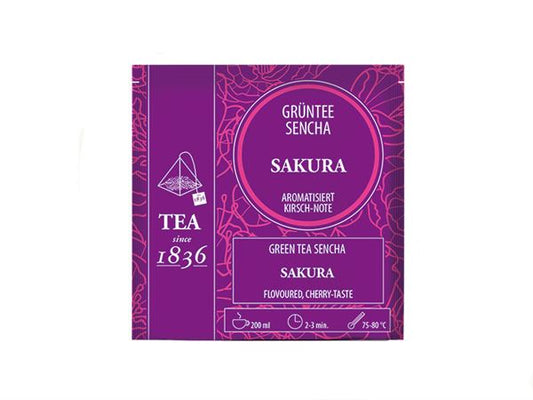 Grüntee Sencha Sakura Kirsch-Note aromatisiert 50 Pyramidenbeutel im Sachet à 3 g
