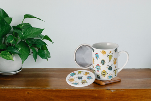 Kräuterteetasse "Happy Monsters" von Cha Cult, Porzellan, 3-teilig mit Edelstahlsieb 0,25 l