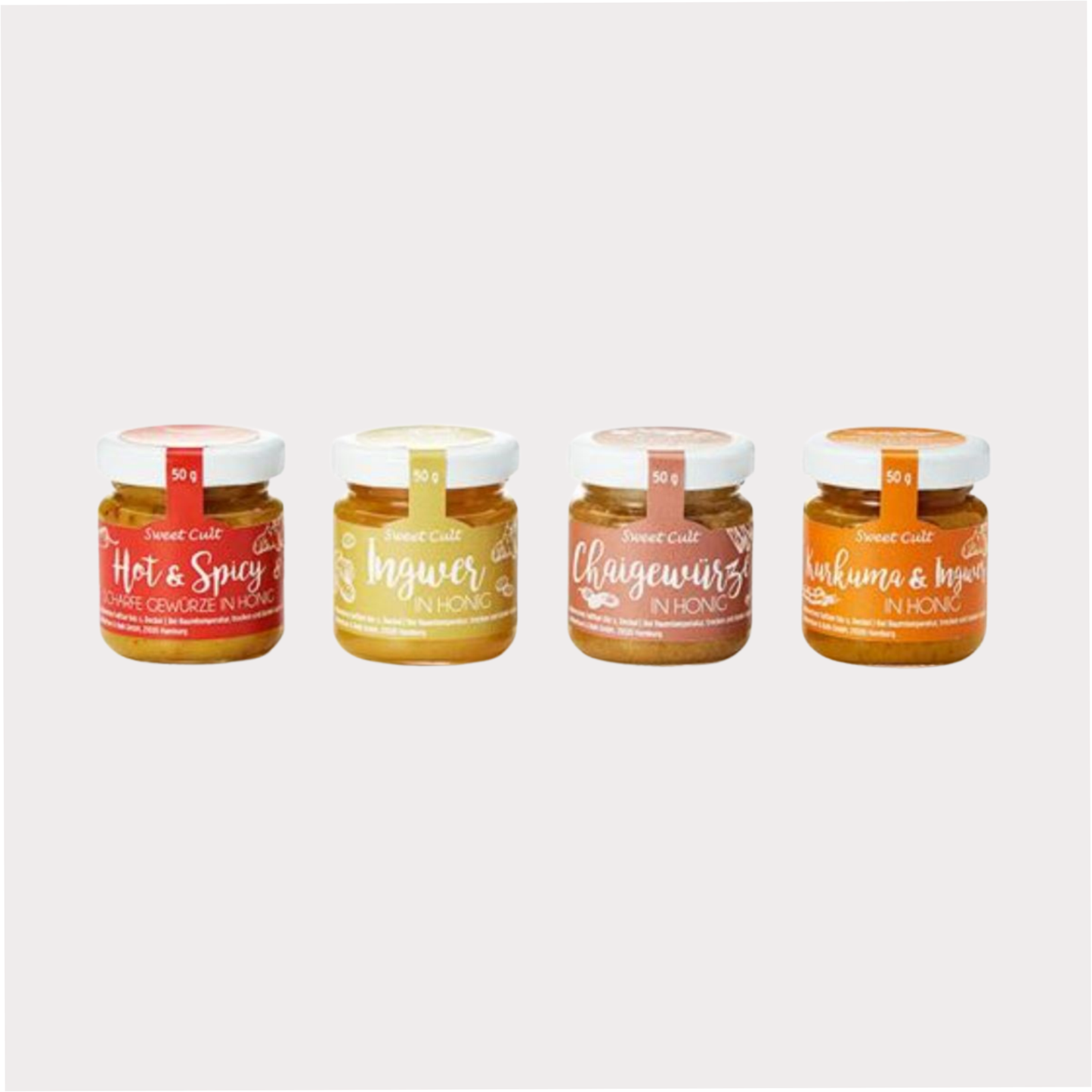 Honigsortiment Sonnenblume, 4 fach sortiert: Ingwer in Honig, Hot & Spicy Chai, Kurkuma-Ingwer 24 Gläser à 50 Gramm
