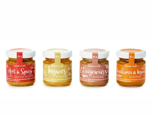 Honigsortiment Sonnenblume, 4 fach sortiert: Ingwer in Honig, Hot & Spicy Chai, Kurkuma-Ingwer 24 Gläser à 50 Gramm