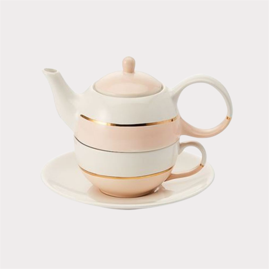 Tea for one Set "Lieske" von Cha Cult, rosa Keramik mit Goldauflage, 4-teilig Kanne: 0,4 l, Tasse: 0,2 l